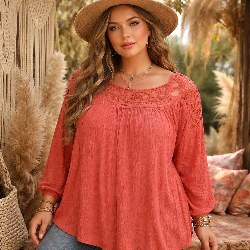 Zac Rachel Peasant Blouse Crochet Trim Tunic Boho 3X Coral Womens Top Spring